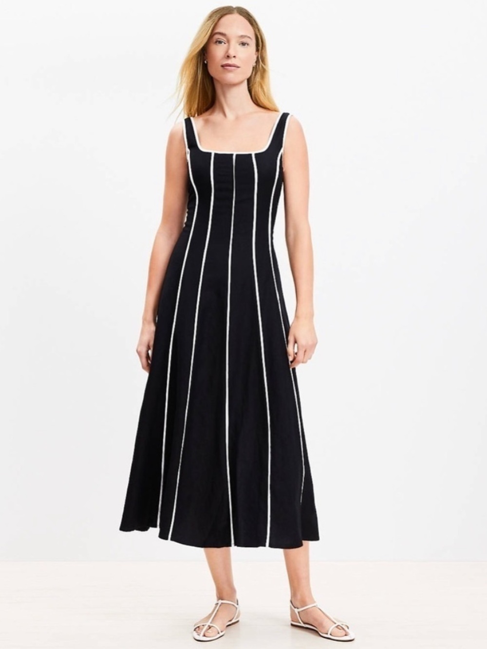 LOFT Black Midi Dress with White Seamed Piping